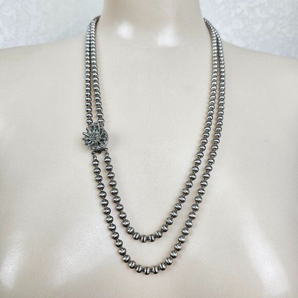 Vintage Silver Tone Necklace Ball Bead Double Strand Chain Textured Metal - Picture 1 of 14